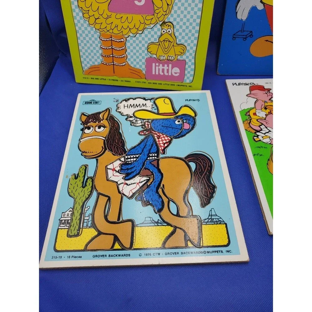 VTG 4 Playskool Wooden Puzzles Big Bird Grover Mickey 3 Little Pigs Sesame St